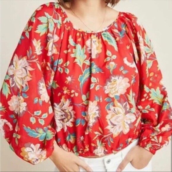 Women's Maeve Anthropologie Floral Balloon Sleeve "Lake House" Cropped Blouse SM - Picture 3 of 13